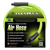 Bright green air hose coiled in its packaging, labeled ’Flexzilla’ and ’50 ft’.