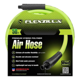 Bright green air hose coiled in its packaging, labeled ’Flexzilla’ and ’50 ft’.