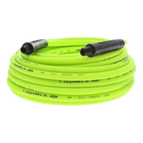 Bright neon green garden hose with black connectors coiled in a circular shape.