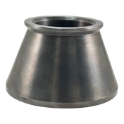 Conical metal fitting or adapter with a wide base and narrower top opening.