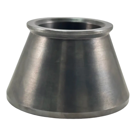 Conical metal fitting or adapter with a wide base and narrower top opening.