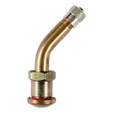 Curved brass clamp-in valve with metal nut and knurled cap for 9.7mm truck tires