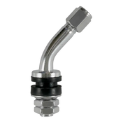 Chrome-plated Enkei valve with curved neck and hardware for easy tire installation