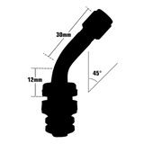 Silhouette of AA 45° Bend Enkei Specialty Clamp-in Valve with measurements for Enkei wheels