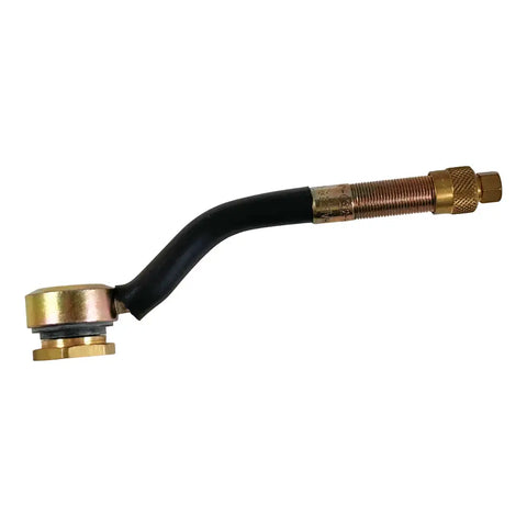 Curved metal valve stem with rubber hose and brass fittings.