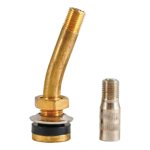 Curved brass valve stem with a threaded end and attached nut.