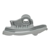 Gray plastic dishwasher spray arm component with curved shape and circular opening.