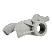 Gray plastic tubing clamp or connector with wing-like protrusions.