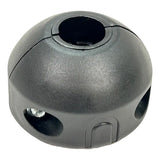 Spherical gray plastic device with multiple openings and a central circular hole on top.