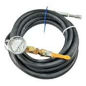 Coiled black hose with attached pressure gauge and valve.