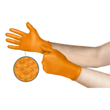 Orange textured nitrile gloves being put on hands.