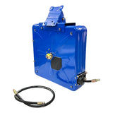 Blue metal jerry can-style container with a hose attachment.