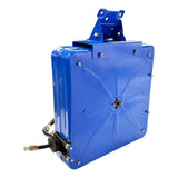 Bright blue industrial-looking metal box with a mounting bracket and cable attachment.