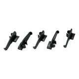 Set of black plastic clips or fasteners with curved hooks.