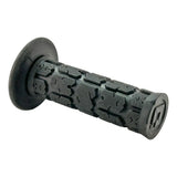 Motorcycle handlebar grip with textured rubber pattern and end cap.