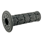 Rubber handlebar grip for a bicycle or motorcycle with a textured pattern and decorative end cap.