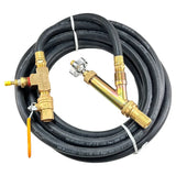 Gas hose with brass fittings and valves for connecting propane tanks or appliances.