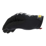 Black work glove with white text and a yellow logo patch.