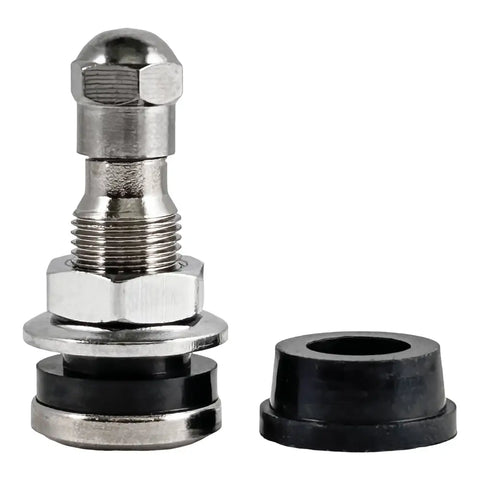 Metal tire valve stem with accompanying rubber grommet.