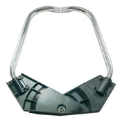 Boat steering wheel or helm with a sleek, modern design featuring metal and dark gray components.