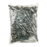 Clear plastic bag filled with numerous black rubber grommets or bushings.