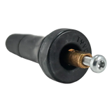 Automotive spark plug with a black insulator and metal electrode.