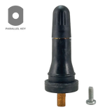 Tubular black valve stem with a copper-colored base and small metal screw beside it.