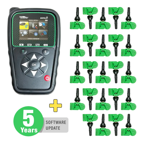 Handheld electronic device with a screen and buttons, accompanied by multiple green sensors or attachments.