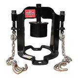 Heavy-duty transmission jack adapter with chains and hooks for lifting automotive components.