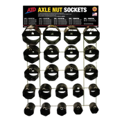 Display rack of black axle nut sockets for wheel bearing service and suspension repair