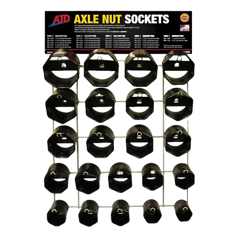 Display rack of black axle nut sockets for wheel bearing service and suspension repair