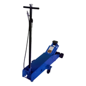 Blue hydraulic floor jack with an extended handle.