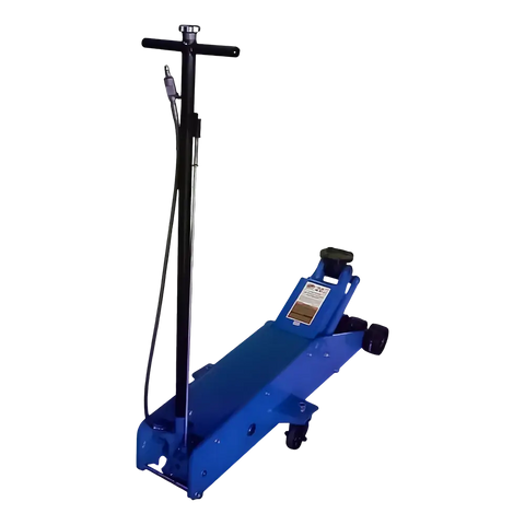 Blue hydraulic floor jack with an extended handle.