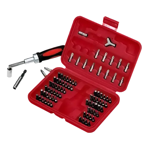 Red plastic toolbox with screwdriver bits in ATD-549 Master Bit Set and reversible ratchet