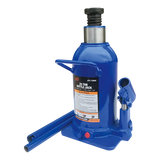 Blue hydraulic bottle jack with a metal piston and black top.