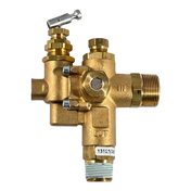 Brass plumbing valve with multiple ports and connection fittings.