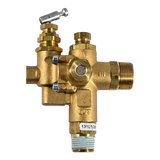 Brass plumbing valve with multiple ports and connection fittings.