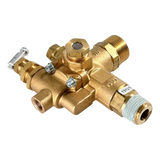 Brass plumbing valve fitting with multiple ports and connectors.