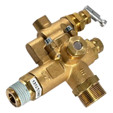 Brass plumbing valve with multiple ports and threaded connections.