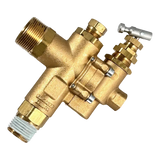 Brass plumbing valve with multiple connection ports and control knobs.