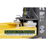 Automatic arm restraint mechanism for industrial equipment, capable of withstanding over 2,000 lbs of side force.