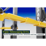 Yellow telescoping arm mechanism with nested sections for extension and retraction.