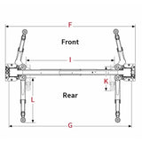 Technical diagram of a vehicle suspension system showing front and rear components with labeled dimensions.