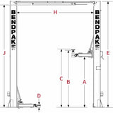 Two-post car lift with adjustable arms and height measurements labeled.