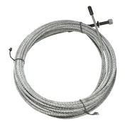 Coiled steel cable or wire rope with metal fittings at the ends.