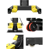 Heavy-duty equipment dolly with yellow corner supports and red wheels.