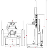 Technical diagram showing front and side views of an industrial Bendpak lift system.