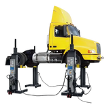 Yellow semi truck cab on BendPak mobile column lift for easy maintenance and service