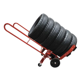 Red metal hand truck for stacked tires, perfect for use with Branick TC400 Tire Cart