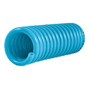 Blue corrugated plastic tube or hose with spiral ridges.